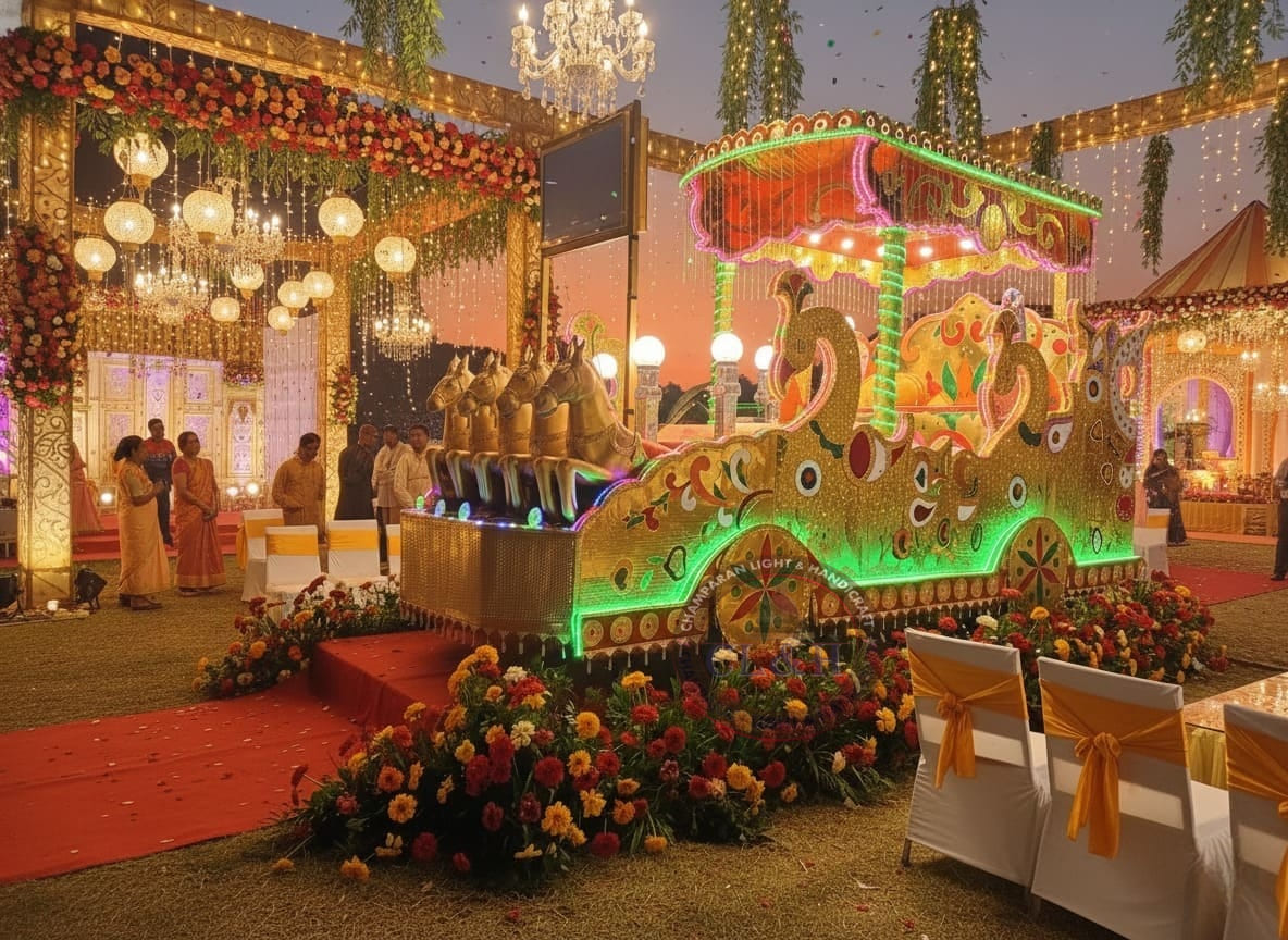 Decorated Bahubali tiger baggi used in traditional Indian wedding baraat.